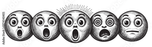 A row of five vintage-style emoji faces displaying various degrees of shock and surprise, rendered in a detailed black and white line art illustration.