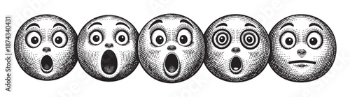 A row of five black and white illustrations of faces expressing surprise and shock in a vintage woodcut style, set against a white background.