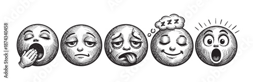 A black and white illustration depicts five distinct emoji faces in a line, showcasing a spectrum of emotions from yawning and exhaustion to surprise and shock.