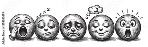 A row of expressive faces drawn in a vintage woodcut style, conveying a range of emotions from yawning and sleeping to sadness, dreaming, and surprise.