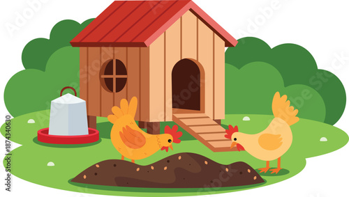 Wooden Hen House Two Chickens Foraging in Grass Farm Flat Vector Illustration Rural Poultry Scene