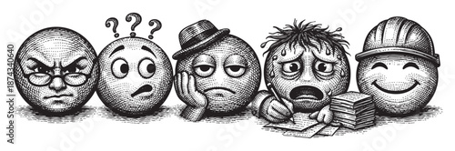 A group of five illustrative smiley faces, each with a distinct emotion ranging from angry and confused to bored, stressed, and happy, are arranged in a row with a black and white engraving style.