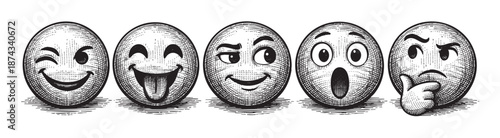 A detailed engraving of five distinct emoticon faces in a row, each expressing a different emotion from joy to confusion on a white background.