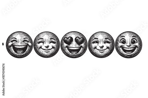 A row of five vintage-style emoticons rendered in black and white engraving style, each displaying a distinct expressive face from joy to love.