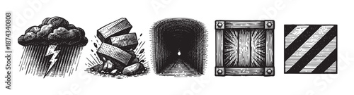 A vintage-style graphic illustration featuring a stormy cloud with lightning, falling bricks, a dark tunnel, a wooden crate, and hazard stripes on a white background.