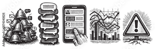 This vintage style illustration depicts a digital communication overload concept with notification bells, message bubbles, a scrolling smartphone feed, a data graph, and a warning sign.