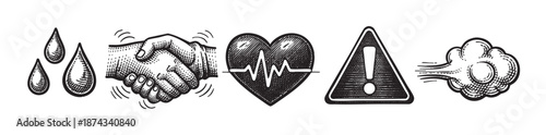 A series of black and white hand-drawn icons representing water drops, a handshake, a heart with a cardiogram, a warning sign, and a cloud of smoke.
