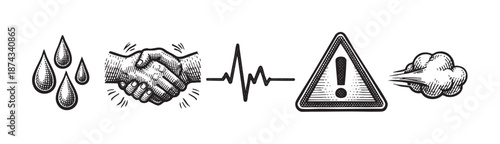 This graphic illustration features a series of hand-drawn icons in a linocut style, depicting water drops, a handshake, a heartbeat line, a warning sign, and a puff of smoke.