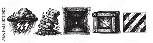 A vintage-style graphic illustration featuring a stormy cloud with lightning, falling bricks, a dark tunnel, a wooden crate, and hazard stripes on a white background.