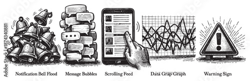 This vintage style illustration depicts a digital communication overload concept with notification bells, message bubbles, a scrolling smartphone feed, a data graph, and a warning sign.