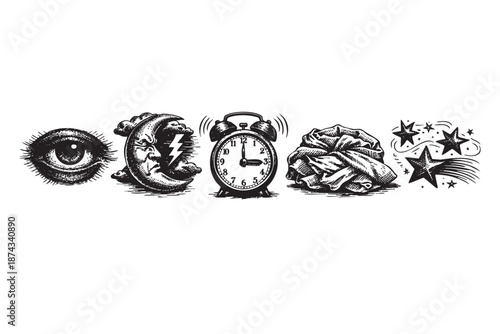 A whimsical, hand-drawn illustration in black and white features symbolic elements representing sleep, night, and dreams, suitable for conceptual use.