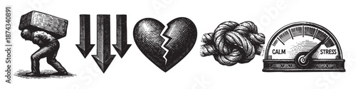 A set of five black and white illustrations representing burden, decline, heartbreak, a difficult situation, and stress levels, in a vintage, etched style.