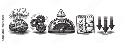 A conceptual illustration depicting a brain with an explosion, gears, a danger meter, a checklist, and downward arrows in a woodcut style.