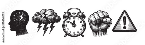 A graphic representation of stress, crisis, and deadlines using icons like a head with a lightning bolt, a cracked storm cloud, an alarm clock, a clenched fist, and an exclamation mark.