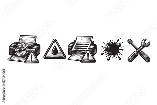 A set of hand-drawn black and white icons depicting printer issues like paper jams, ink spills, and warning signs, with a wrench and spanner signifying repair.