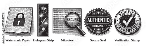 A collection of black and white graphic illustrations representing security features like a watermark paper, hologram strip, microtext, secure seal, and verification stamp.