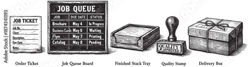 A vintage illustration depicts the stages of a printing production workflow, from job ticket and queue board to completed stack, quality stamp, and delivery box.