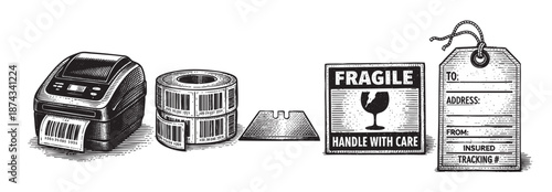 A hand-drawn illustration in black and white features a barcode printer, a roll of barcode stickers, a cutter, a quality tested seal, and a hang tag, symbolizing quality control and logistics.