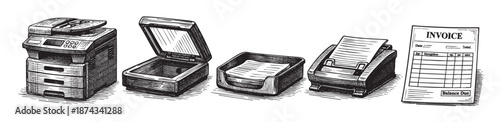A vintage black and white illustration depicts a copier, open scanner, paper tray, dot matrix printer, and an invoice with "Balance Due," representing office business and accounting.