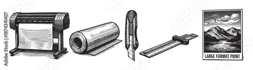 A vintage woodcut style collection of tools for large format printing, including a printer, roll of paper, cutter, and a framed print.
