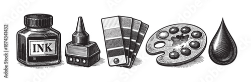 A collection of vintage-style black and white art supplies, including ink bottles, paint swatches, a palette, and an ink drop, arranged in a linear composition on a white background.