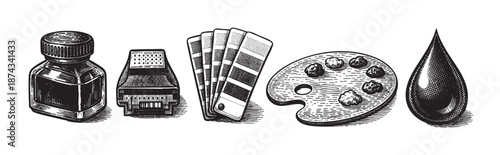 A collection of graphic design and art tools including an ink bottle, print cartridge, color swatch fan, paint palette, and ink drop in a vintage engraving style.