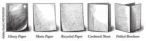 A black and white illustration showcasing five distinct paper types and a folded brochure, useful for print design and marketing concepts.