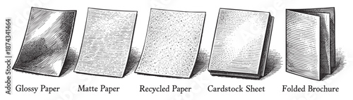 A black and white line drawing illustration showcases five distinct paper types, including glossy, matte, recycled, cardstock, and a folded brochure, presented side-by-side with labels.
