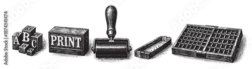 A collection of vintage letterpress printing tools, including alphabet blocks, a print block, a roller, and a type case, rendered in a classic woodcut style.