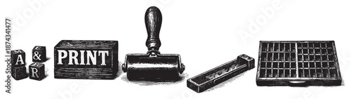 A collection of antique letterpress printing equipment, including wooden type blocks, a printing roller, and a type case, presented in a black and white illustration style.