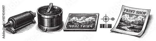 A detailed black and white woodcut-style illustration depicts a vintage print shop setup including ink, a printing plate, registration marks, and a newspaper.