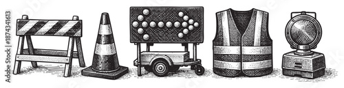 A black and white illustration depicts essential roadwork safety equipment including a barrier, cone, directional sign, vest, and lamp, presented in a vintage sketch style.