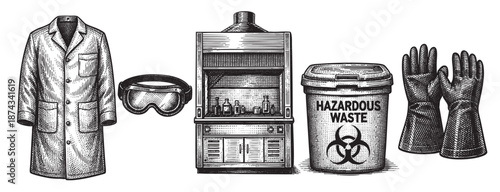 A black and white woodcut illustration displays essential laboratory safety gear including a lab coat, goggles, and gloves alongside a fume hood and a hazardous waste bin.