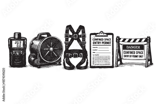 This illustration depicts essential safety gear for confined space entry, including a gas detector, fan, harness, permit, and danger sign, ideal for safety training materials.
