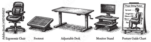 Vintage woodcut style illustration of office furniture and a posture chart showing correct sitting ergonomics, ideal for health and wellness content.