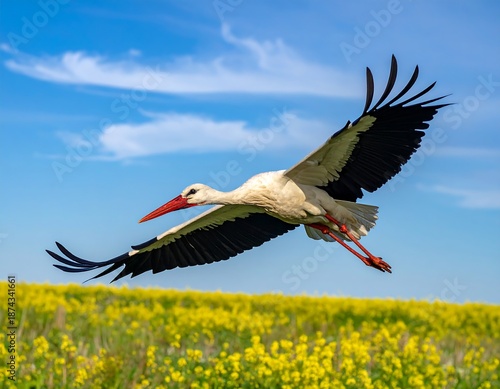 A large, white bird with black wingtips soars in a bright blue sky above a yellow field. The bird has a long red beak and legs