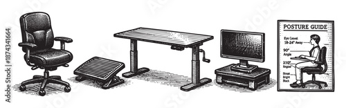 This vintage illustration depicts an office chair, footrest, adjustable desk, and computer monitor, alongside a posture guide demonstrating proper sitting alignment.