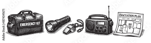 A black and white illustration depicts essential emergency preparedness items including a duffel bag, flashlight, whistle, radio, and evacuation plan.