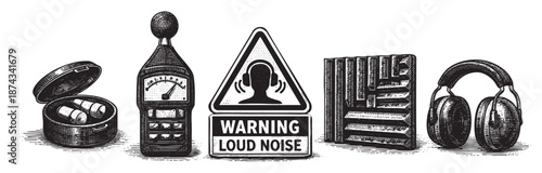 A black and white illustration depicts a collection of items related to noise protection and measurement, including earplugs, a decibel meter, a warning sign, and headphones.