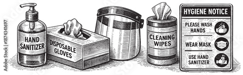 Black and white illustration depicting hand sanitizer, disposable gloves, face shield, cleaning wipes, and a social distancing sign, representing health and safety measures.