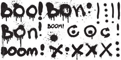 Graffiti art with repeating boom and exclamation mark designs in black ink