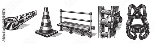 A black and white illustration collage featuring construction safety equipment including caution tape, a traffic cone, scaffolding, and a safety harness.