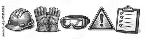 Engraving style illustration shows construction safety equipment including a hard hat, gloves, goggles, a warning sign, and a checklist on a clipboard, ideal for safety and compliance themes.