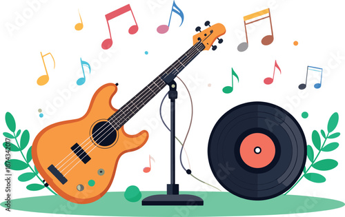 Electric Guitar with Microphone Stand Vinyl Record and Colorful Music Notes Illustration