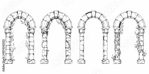 A series of ornate black and white arched doorways with botanical details