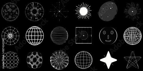 Abstract geometric shapes and celestial patterns on a black background