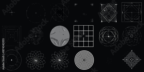 Abstract geometrical shapes and patterns in black and white illustration