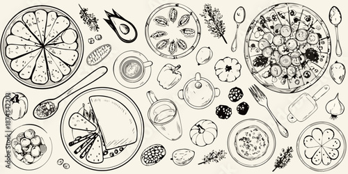A bountiful sketch of gourmet foods cheeses and fresh produce arranged artfully