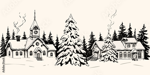 A charming winter village scene featuring a church and snow covered homes