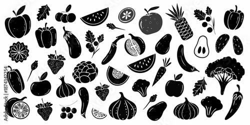 A diverse collection of hand drawn fruits and vegetables in black and white